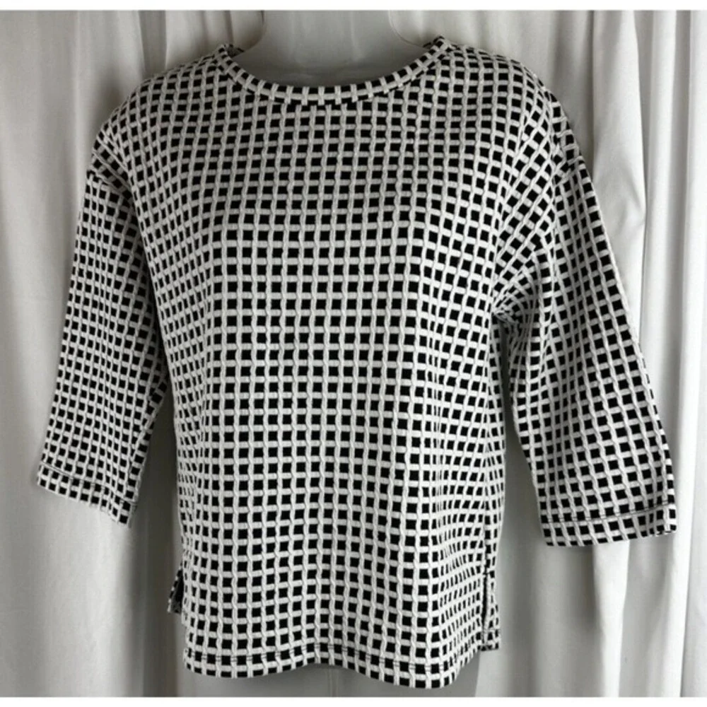 Lou & Grey Blue White Grid Textured Knit Top 3/4 Sleeve S Preppy Academia 55-22‎